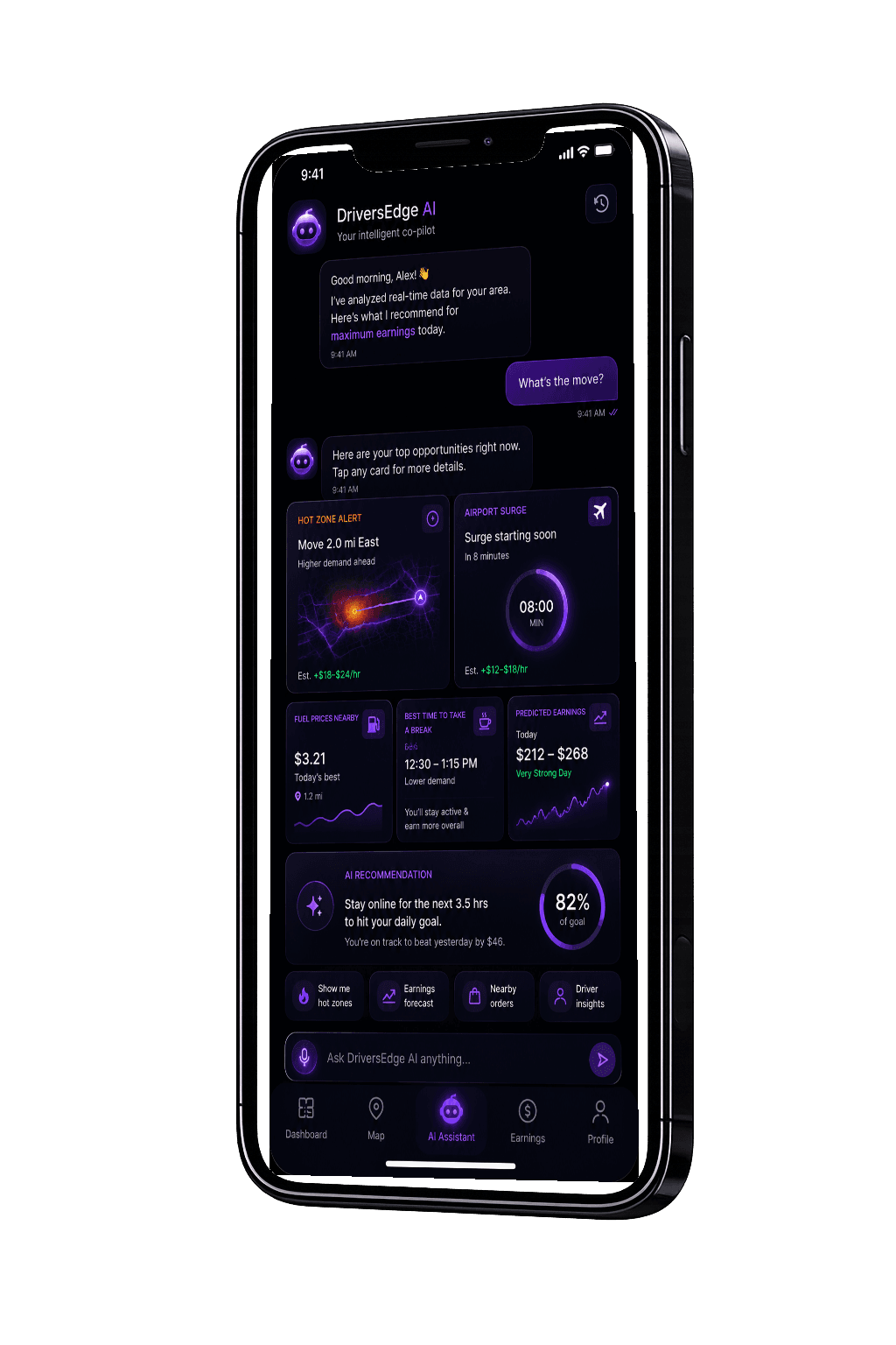 DriversEdge AI assistant screen recommending hot zones and surge opportunities