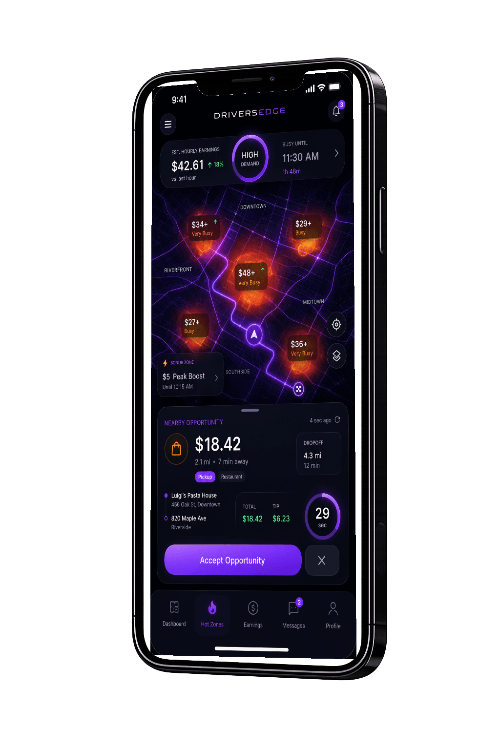 DriversEdge Hot Zones screen showing live demand areas and a nearby $18.42 order opportunity